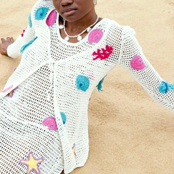 CRO-CHE Under The Sea open knit net crochet cardigan sweater nautical patches M - Picture 7 of 7